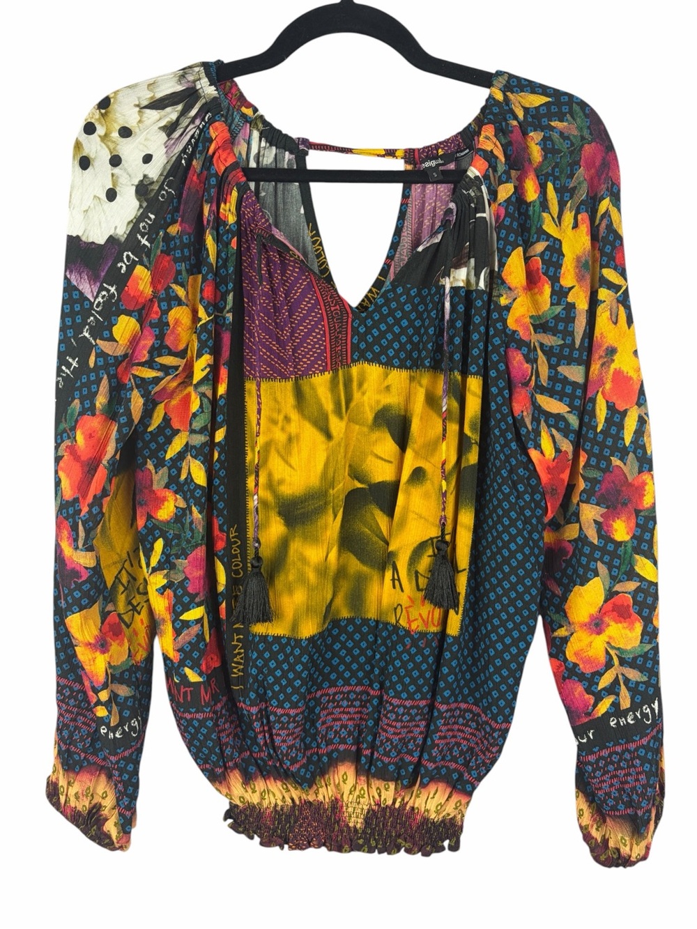 Desigual Patchwork Floral Boho Peasant Blouse Size Small
